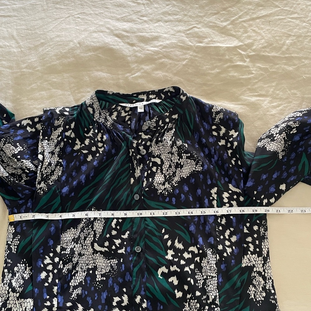 Veronica Beard Buckley Blouse shirt top stretchy silk US 10 blue green black - Picture 8 of 12